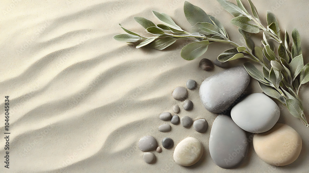 Poster natural harmony sage twig and pebble rocks on sand serene botanical background