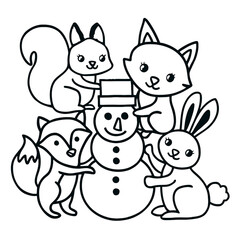 Winter Forest Friends Building Snowman - Cute Animal Christmas Coloring Page