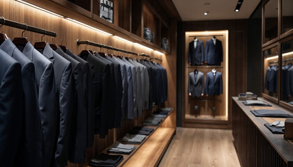 Elegant men's classic suits in a luxury boutique showcase refined craftsmanship and exclusivity.

