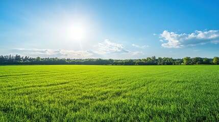 Bright green grass field with a distant tree line and blue sky