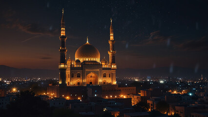 Fototapeta premium Majestic Mosque at Sunset Overlooking Modern Cityscape, Ideal for Eid ul-Fitr Celebrations, Islamic Architecture Campaigns, Religious Event Promotions, Travel Brochures, and Cultural Heritage Advertis