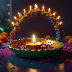 Decorative Diwali Candles with Glowing Flame—Indian Festivities, Festival of Lights, Traditional Religious Decor, Cultural Celebration, Spiritual Lighting, Holiday Art