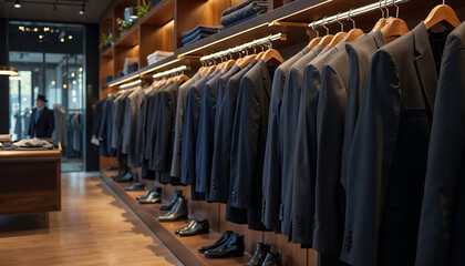 Elegant men's classic suits in a luxury boutique showcase refined craftsmanship and exclusivity.

