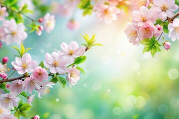 Spring themed background with pastel flowers and green leaves