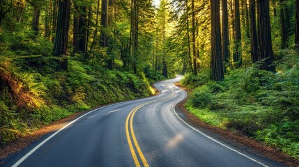 Obraz premium Scenic road in Redwood National Forest with vibrant greenery, panoramic view