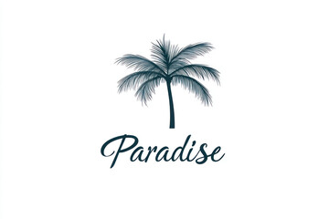 Obraz premium Bright and colorful paradise logo design featuring palm trees, ocean waves, and a sunset with vibrant hues, conveying a sense of relaxation and tropical bliss.