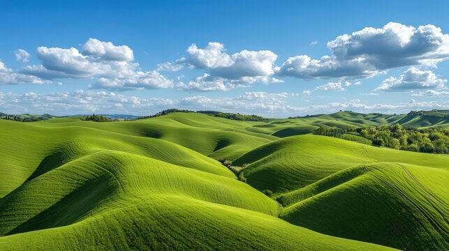 Green rolling hills with a clear blue sky and fluffy clouds