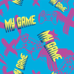 Abstract seamless gamepad pattern on blue background with cross sign graffiti. Gaming print. Linear gamepad wallpaper for sport textile, clothes, wrapping paper.