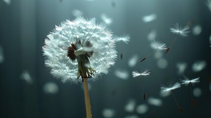   An image of a dandelion swaying gently with numerous white petals filling the foreground while the background is out of focus