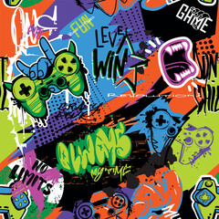 Abstract seamless gaming pattern on bright grunge background with cross sign, gamepad, rock hand, predator throat, graffiti words. Gaming print. Teen wallpaper for sport textile, wrapping paper.