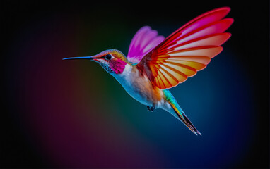 Small, colorful and iridescent hummingbird bird with different colors of feathers on a black background.