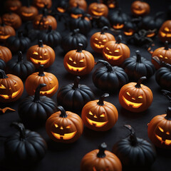Glowing Halloween Jack-O'-Lantern pumpkins on Black: Frightening Vibes for Posters, Ads, Cards, and Wallpaper	
