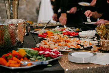 Event appetizers, cocktail hour food, vegetable platter and shrimp