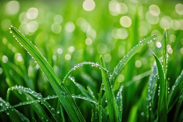 Naklejka premium dewdrops on fresh green grass with a gentle bokeh effect