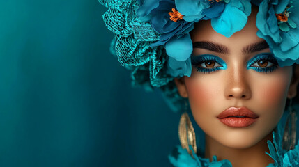 Beautiful young hispanic latina woman with flowers and petals on her face. Beauty parlor horizontal banner concept, copyspace. Dark blue background.