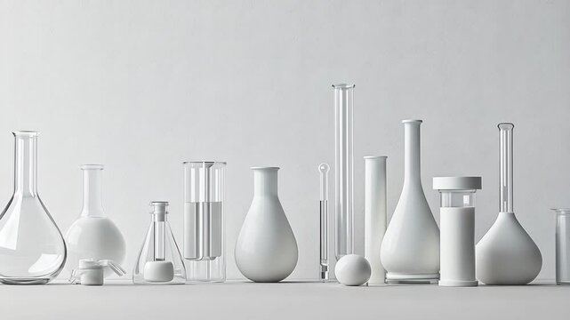 A group of glass beakers and flasks sit on a white surface in front of a white background