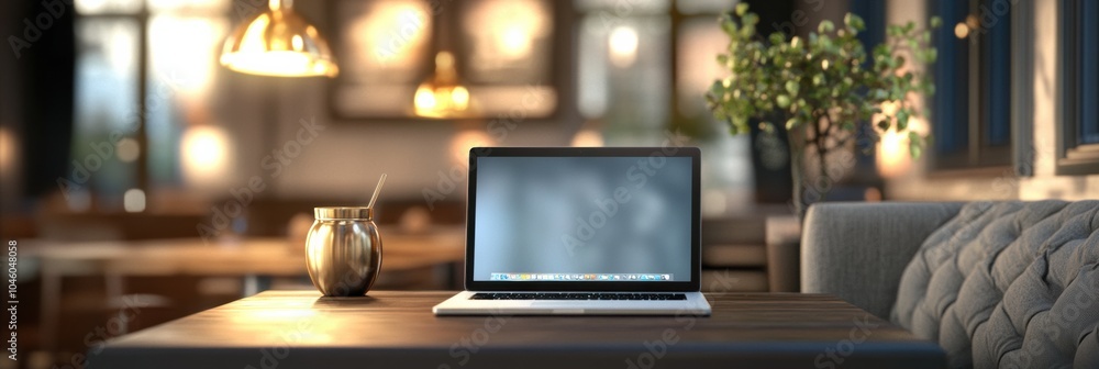 Aufkleber in a inviting cafe, a laptop rests on a wooden table, accompanied by a stylish cup, creating a perfe