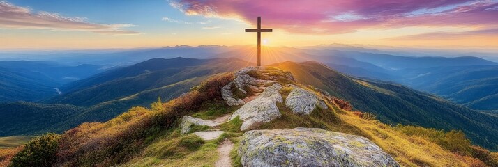 Cross on a Mountain Top at Sunset, Inspirational Landscape with Scenic Views over Hills and Valleys