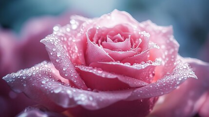 Macro shot of pastel pink rose petals, with dew drops clinging to their velvety surface, glistening under soft lighting