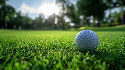 Obraz premium Precision close-up of a golf ball sitting inside the cup, framed by lush green grass under bright daylight, highlighting focus in the sport