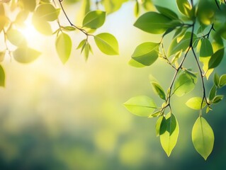 Obraz premium Green leaves and branches with a subtle sunlight effect