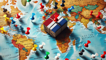 A package wrapped in the Netherlands flag rests on a detailed world map, with pushpins marking locations across the globe, suggesting international shipping and logistics routes.
