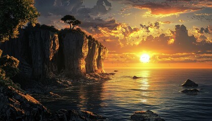 Futuristic landscape with cliffs and water, spiritual zen sunset wallpaper