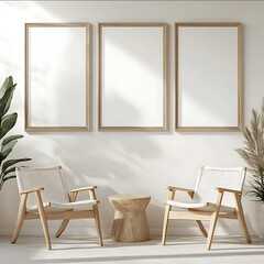 Photo of three simple wooden frames mockup on a wall minimalistic white background frontal lighting