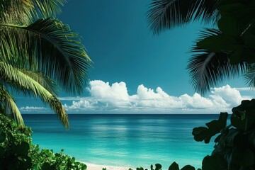 Deep turquoise blue wallpaper with a tropical beach scene and palm trees