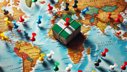 A package wrapped in the Nigeria flag rests on a detailed world map, with pushpins marking locations across the globe, suggesting international shipping and logistics routes.