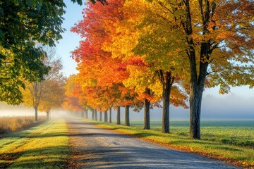 Fototapeta premium Beautiful fall morning with misty air and colorful trees lining a country road