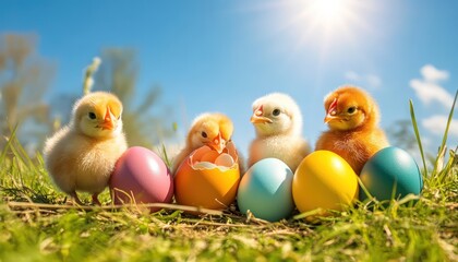 Cute little chicks hatching from colorful eggs in a sunny field