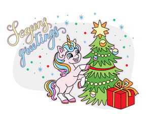 Christmas Unicorn decorating Christmas tree vector illustration