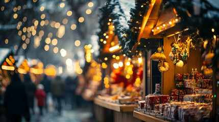 Festive holiday market with bright stalls and twinkling lights attracting shoppers. illustrations