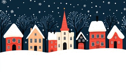 A winter scene with colorful houses and snowflakes in a night sky.