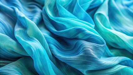 Fototapeta premium Wavy turquoise cyan translucent fabric with vertical folds macro blue crepe chiffon texture in the sun close-up