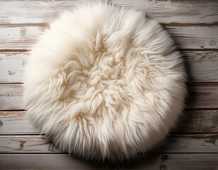 round sheepskin rug on rustic wood background, photography backdrop, product or newborn, fluffy circle 
