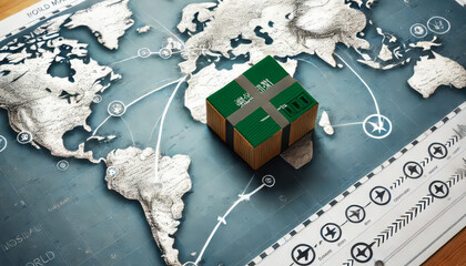 A Saudi Arabia flagged package sits on a world map illustrating international air routes, symbolizing global shipping and trade logistics.