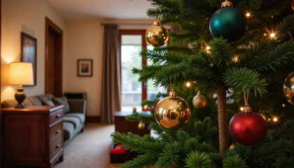 Decorated Christmas tree in cozy living room