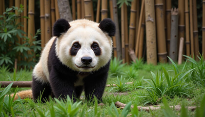 Obraz premium Curious panda bear in bamboo forest habitat