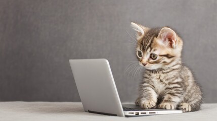 Adorable Tabby Kitten Using Laptop with Focused Expression