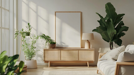 Warm and Cozy Composition of spring living room interior with mock up poster frame wooden sideboard white sofa green stand base with leaves plants and stylish lamp Home Decor