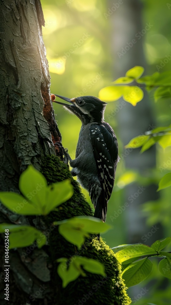 Poster a woodpecker perched on a tree trunk, its beak open as if about to peck. ai.