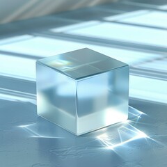 A clear glass cube reflecting light. AI.