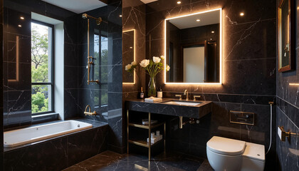 Luxurious dark marble bathroom with illuminated mirror