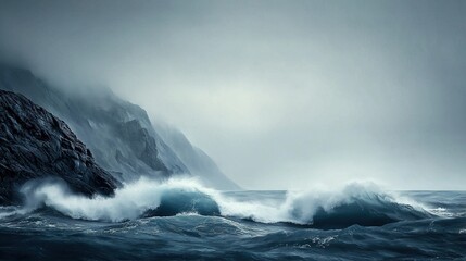 Fototapeta premium A massive cliff faces into the sea, causing a giant wave to break off its edge and reach into the ocean