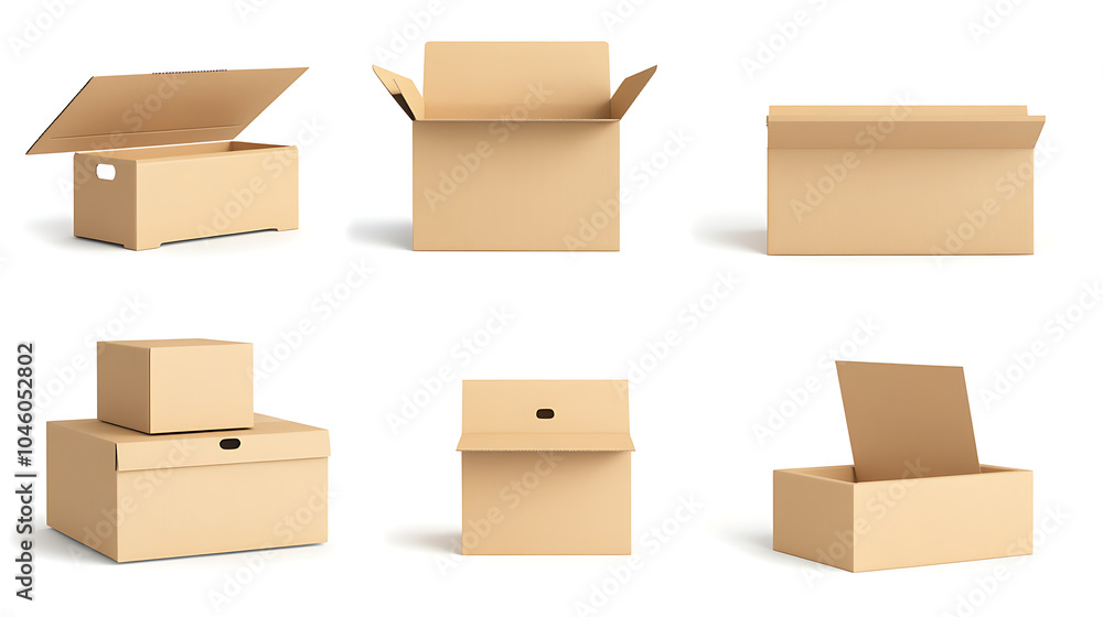 Poster Various cardboard boxes for shipping isolated white background mockup