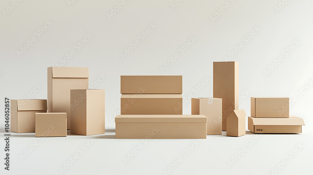 Poster Various cardboard boxes for shipping isolated white background mockup