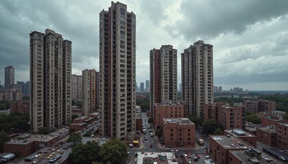 Obraz premium After the hurricane, Urban skyline with tall apartment buildings under cloudy sky