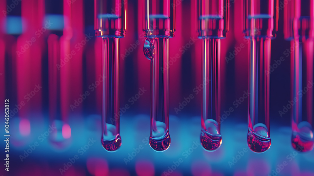 Poster test tube row concept of medical or science laboratory liquid drop droplet with dropper in blue red 